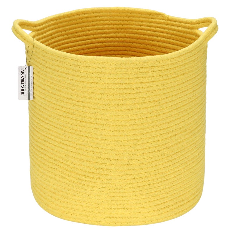 Sea Team Medium Size Cotton Rope Woven Storage Basket with Handles, Laundry Hamper, Trunk Organizer, Clothes Toys Bin for Kid's Room, 14 x 14 inches, Round Open Design, Yellow - Image 1